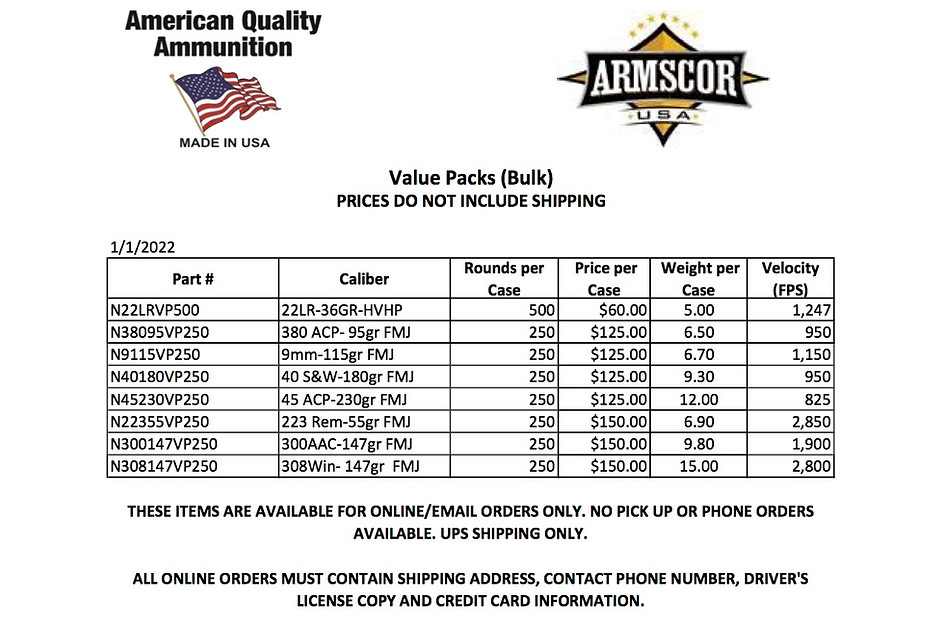 Ammo Pricing / Order Info ammoandmorestore